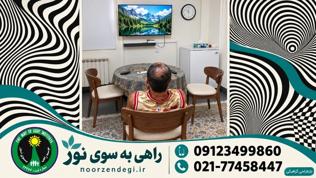 اتاق تلویزیون با میز گرد و صندلیهای چوبی در قاب سیاهوسفید اپآرت و لوگوی راهی به سوی نوربازطراحی عکس اتاق با جایگزینی گرافیکی صندلیهای پلاستیکی با صندلی چوبی؛ امکانات فعلی را از پذیرش بپرسید.