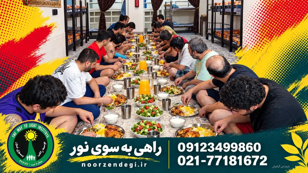 سفره جمعی با برنج، مرغ، سالاد، ماست و آب‌پرتقال و لوگوی راهی به سوی نور