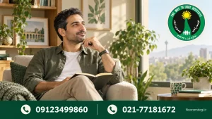 فردی در فضای آرام کنار پنجره با دفتر یادداشت در حال تأمل