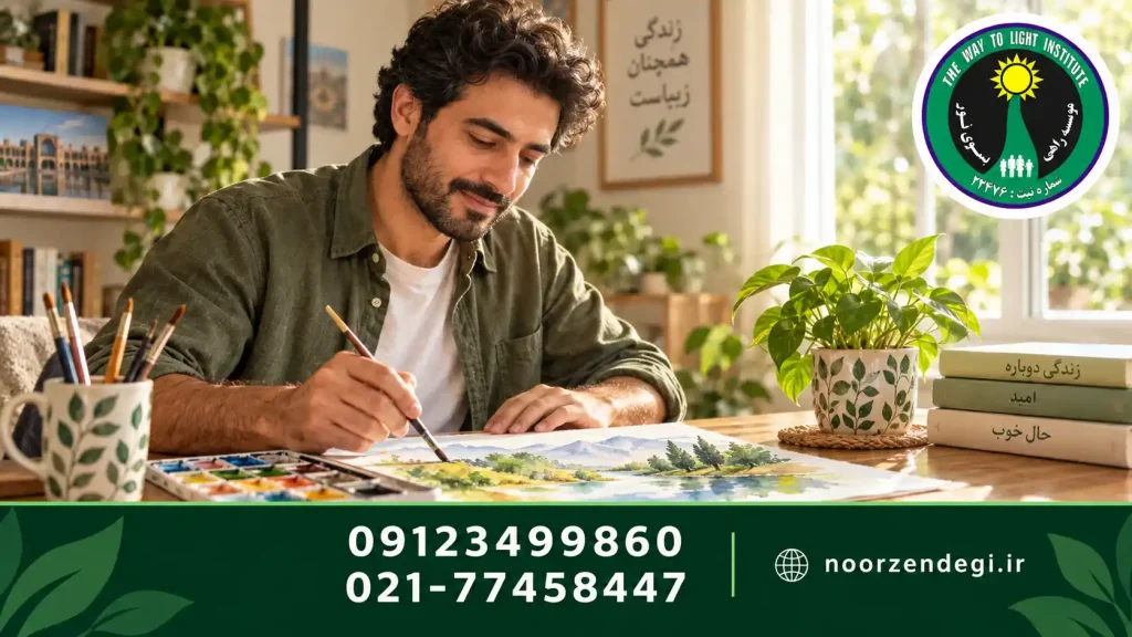 مردی در حال نقاشی با آبرنگ پشت میز روشن خانه