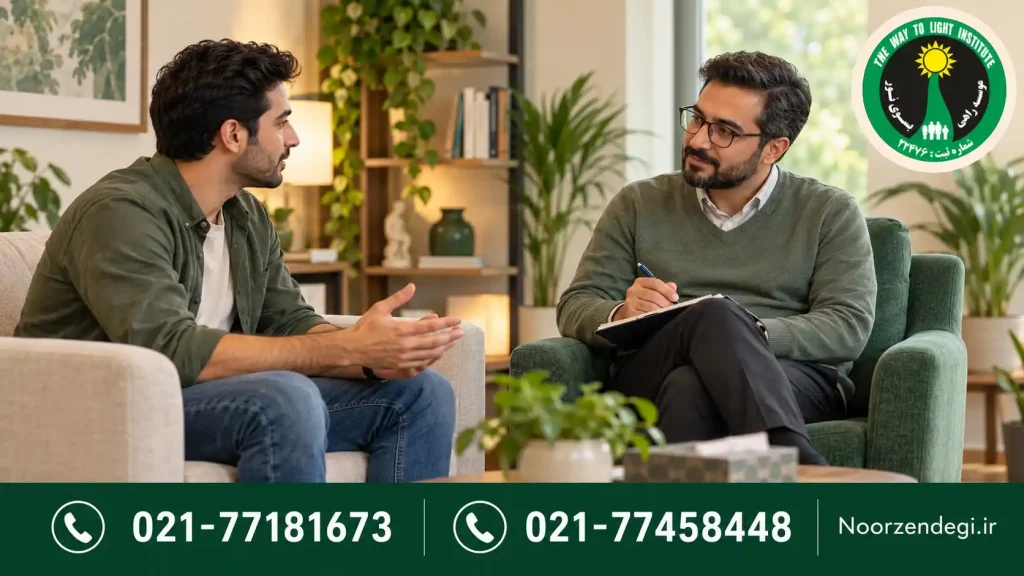 گفتوگوی دو مرد در فضای آرام مشاوره با دفتر یادداشت
