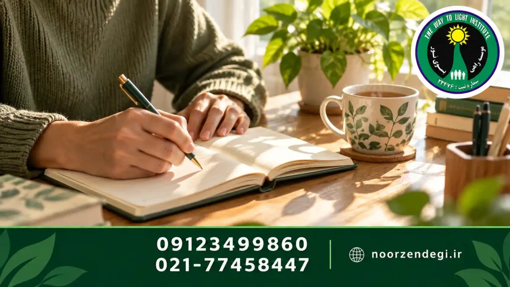 دستهای فرد در حال نوشتن یادداشت فعالیت روزانه کنار فنجان چای