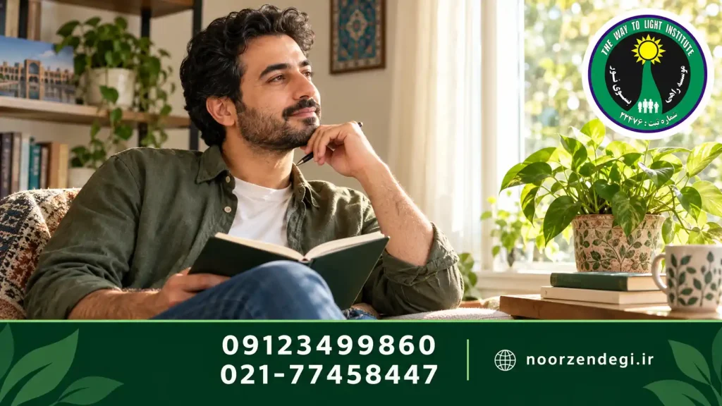 مردی با دفتر یادداشت کنار پنجره روشن در فضایی آرام