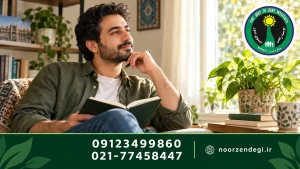 مردی با دفتر یادداشت کنار پنجره روشن در فضایی آرام