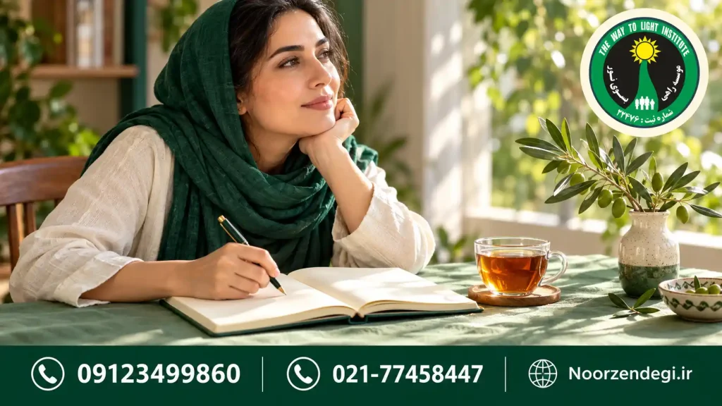 نوشتن در دفتر یادداشت کنار فنجان چای و شاخه زیتون