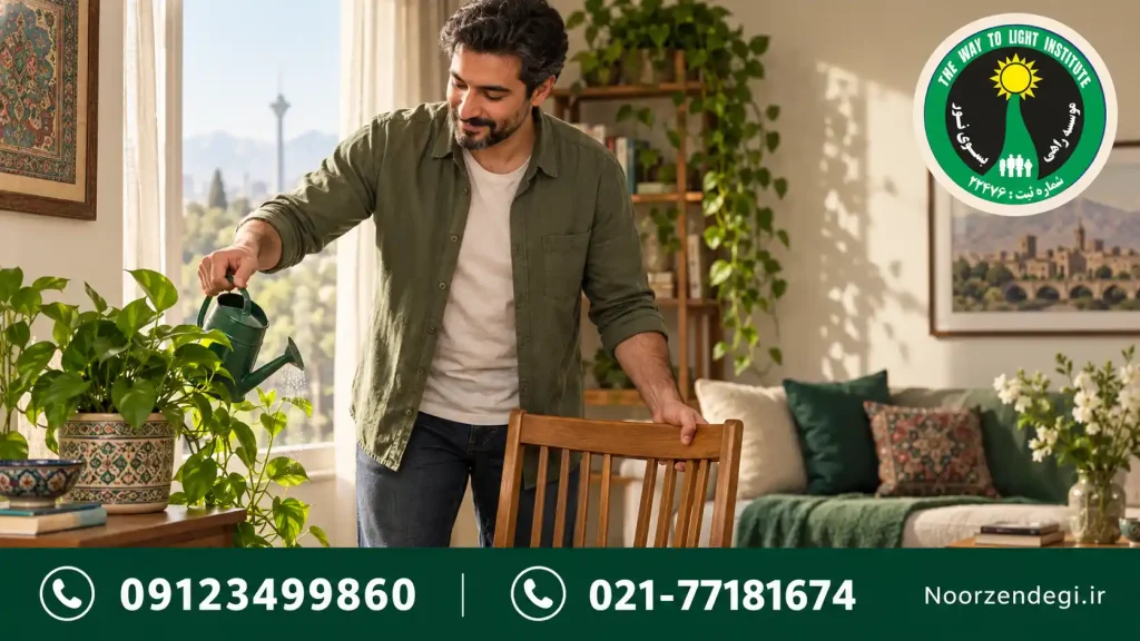 مردی در خانه روشن در حال رسیدگی به گلدان و فضای زندگی