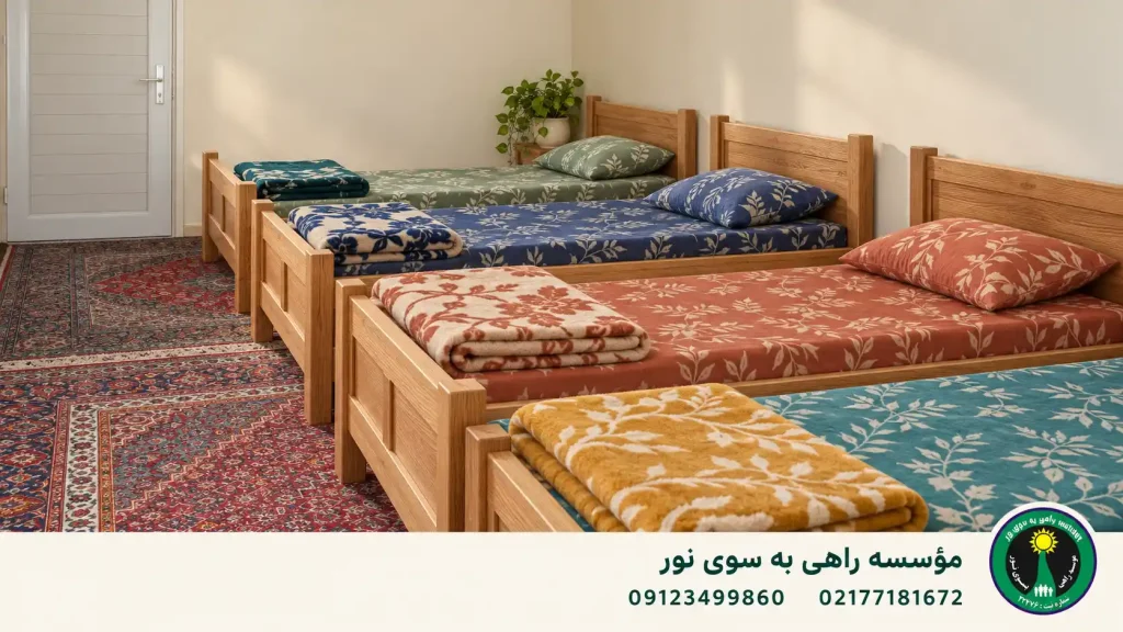 ردیفی از تخت‌های چوبی با تشک، بالش و پتوهای رنگی در اتاقی با فرش ایرانی