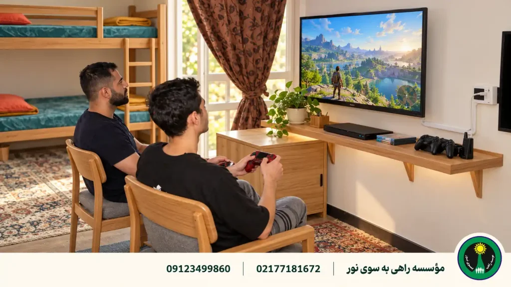 دو مرد در حال بازی ویدئویی روی صندلی‌های چوبی، کنار تخت دوطبقه با رختخواب رنگی