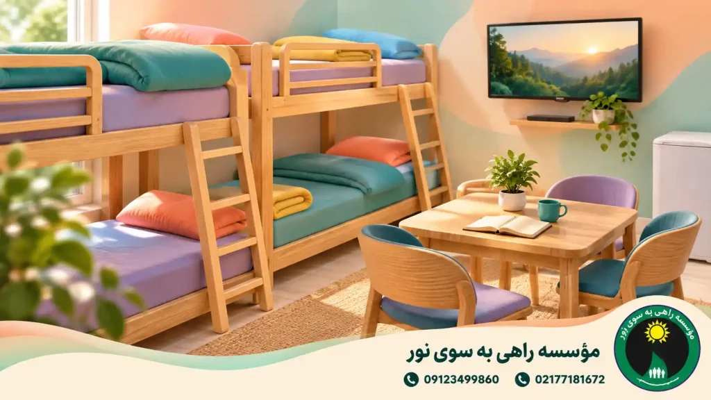 اتاق اقامت با تخت‌های دوطبقه چوبی، بالش‌های رنگی و میز مطالعه