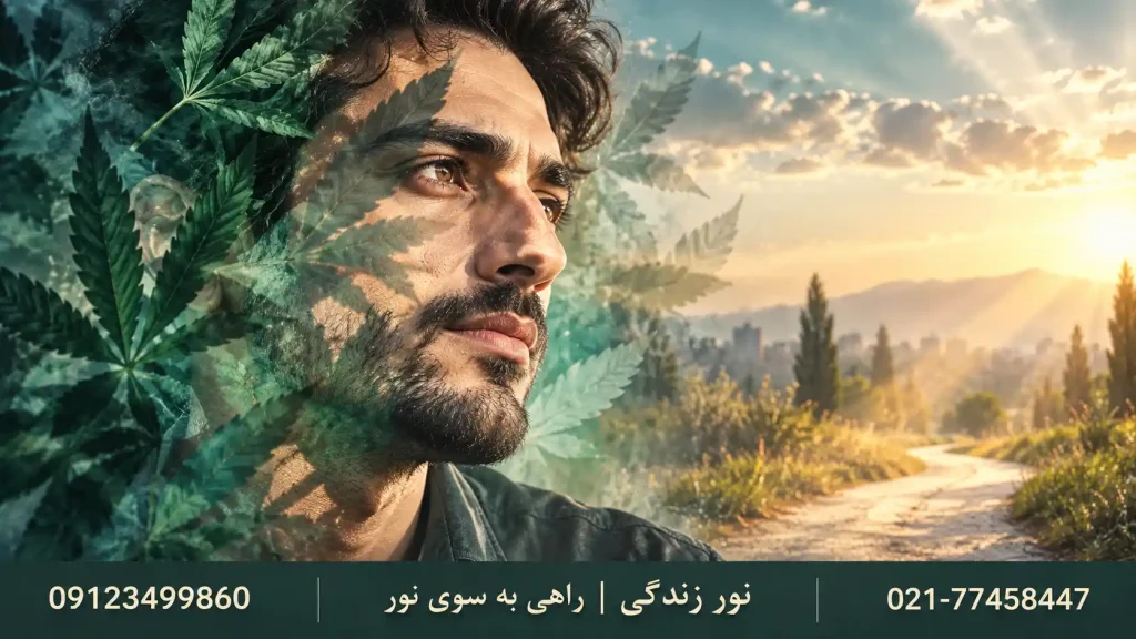 چهره مرد با برگ‌های شاهدانه و مسیر روشن
