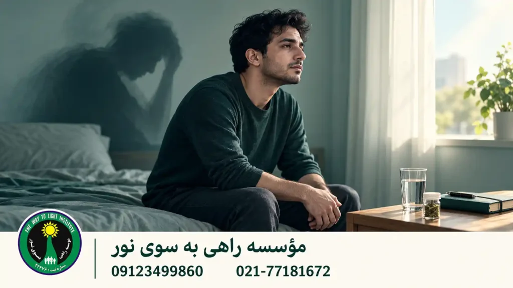 مرد جوان نشسته کنار تخت در نور صبح با دفتر بسته و لیوان آب روی میز کنارش